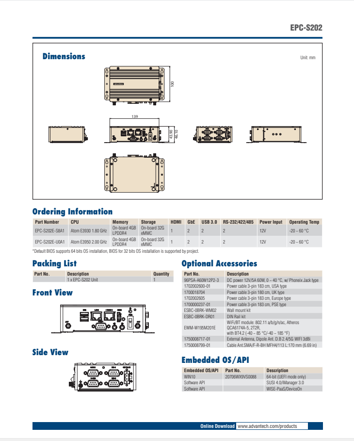 研華嵌入式工控機EPC-S202 Intel? Atom? E3900 series Embedded SBC Fanless Slim System