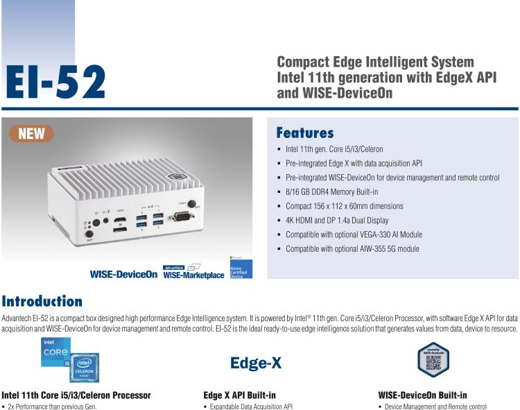 研華EI-52 研華EI-52，邊緣計(jì)算系統(tǒng)，支持 Intel 11th gen CPU，可選 Core i5 /i3 /Celeron 處理器，具備豐富擴(kuò)展接口 2 x LAN，2 x COM，6 x USB等，內(nèi)部可以通過(guò) miniPCIe 或 M.2 擴(kuò)展AI加速卡實(shí)現(xiàn)工業(yè)AI機(jī)器視覺，搭載5G通訊模塊。