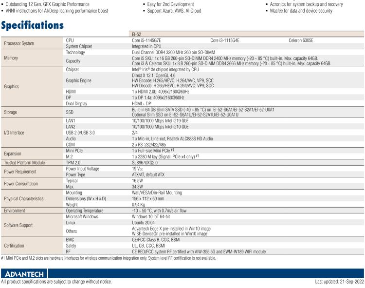 研華EI-52 研華EI-52，邊緣計(jì)算系統(tǒng)，支持 Intel 11th gen CPU，可選 Core i5 /i3 /Celeron 處理器，具備豐富擴(kuò)展接口 2 x LAN，2 x COM，6 x USB等，內(nèi)部可以通過(guò) miniPCIe 或 M.2 擴(kuò)展AI加速卡實(shí)現(xiàn)工業(yè)AI機(jī)器視覺，搭載5G通訊模塊。