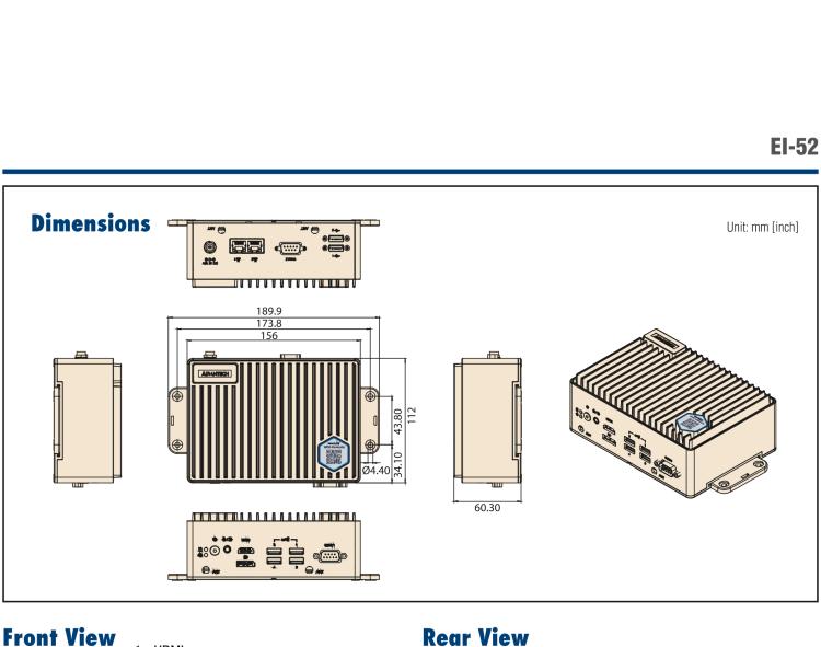 研華EI-52 研華EI-52，邊緣計(jì)算系統(tǒng)，支持 Intel 11th gen CPU，可選 Core i5 /i3 /Celeron 處理器，具備豐富擴(kuò)展接口 2 x LAN，2 x COM，6 x USB等，內(nèi)部可以通過(guò) miniPCIe 或 M.2 擴(kuò)展AI加速卡實(shí)現(xiàn)工業(yè)AI機(jī)器視覺，搭載5G通訊模塊。