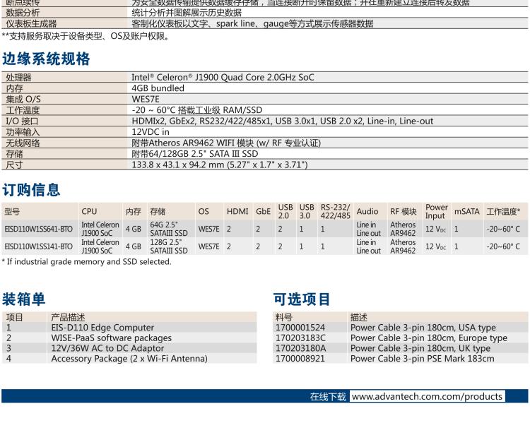 研華EIS-D110 研華EIS-D110，邊緣計(jì)算系統(tǒng)網(wǎng)關(guān)，Intel Celeron J1900 Quad Core 2.0 GHz SoC，最高支持 8 GB內(nèi)存，低功耗邊緣智能設(shè)備，具備豐富擴(kuò)展接口 2 x LAN，1 x COM，3 x USB，2 x HDMI等，搭配 Wifi 或 4G 模塊。