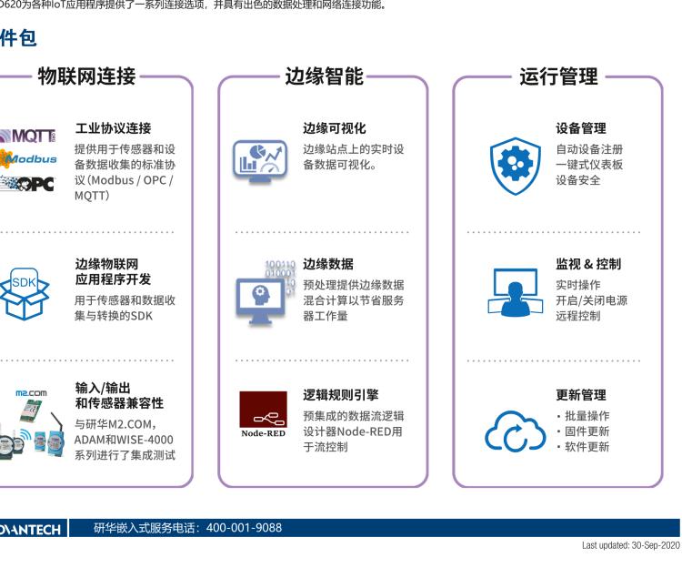 研華EIS-D620 研華EIS-D620，邊緣計算系統(tǒng)網(wǎng)關，基于Rockchip RK3399處理器，板載2GB內(nèi)存，16GB eMMC 存儲，低功耗邊緣智能設備，具備豐富擴展接口 2 x LAN，1 x COM，1 x USB，2 x HDMI等，體積非常小巧，適用于邊緣設備控制及數(shù)據(jù)采集等應用場景。