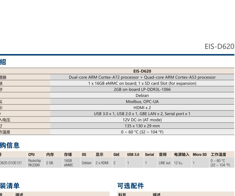 研華EIS-D620 研華EIS-D620，邊緣計算系統(tǒng)網(wǎng)關，基于Rockchip RK3399處理器，板載2GB內(nèi)存，16GB eMMC 存儲，低功耗邊緣智能設備，具備豐富擴展接口 2 x LAN，1 x COM，1 x USB，2 x HDMI等，體積非常小巧，適用于邊緣設備控制及數(shù)據(jù)采集等應用場景。