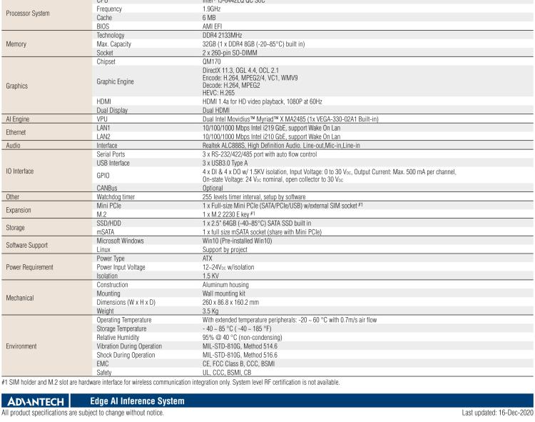 研華AIR-200 基于Intel Core i5-6442EQ處理器，AI計算平臺，內(nèi)置Myriad X VPU * 2