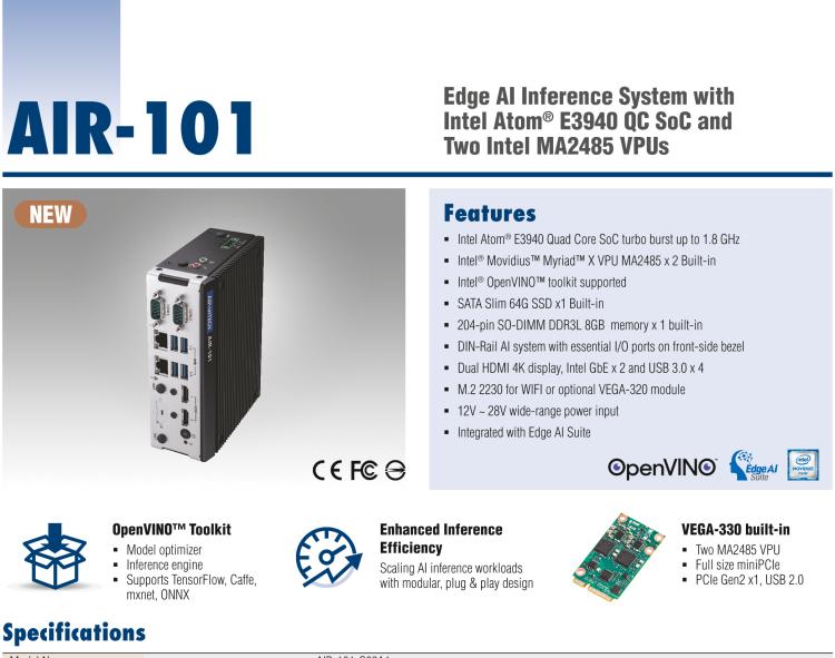 研華AIR-101 基于Intel Atom E3940處理器，AI計(jì)算平臺，內(nèi)置Myriad X VPU * 2