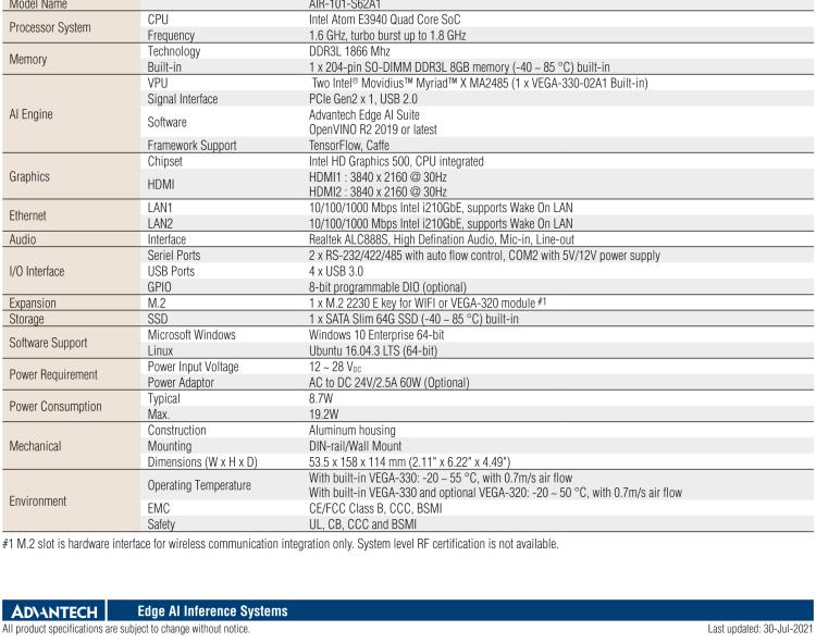 研華AIR-101 基于Intel Atom E3940處理器，AI計(jì)算平臺，內(nèi)置Myriad X VPU * 2