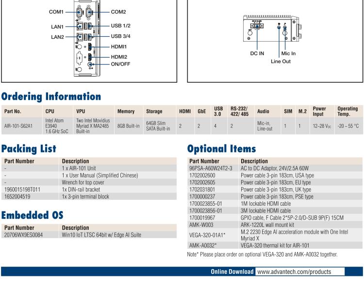 研華AIR-101 基于Intel Atom E3940處理器，AI計(jì)算平臺，內(nèi)置Myriad X VPU * 2