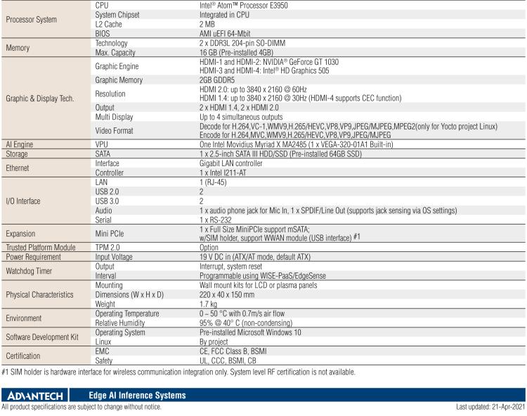 研華AIR-100 基于Intel Atom E3950處理器，AI計算平臺，內(nèi)置Myriad X VPU * 1