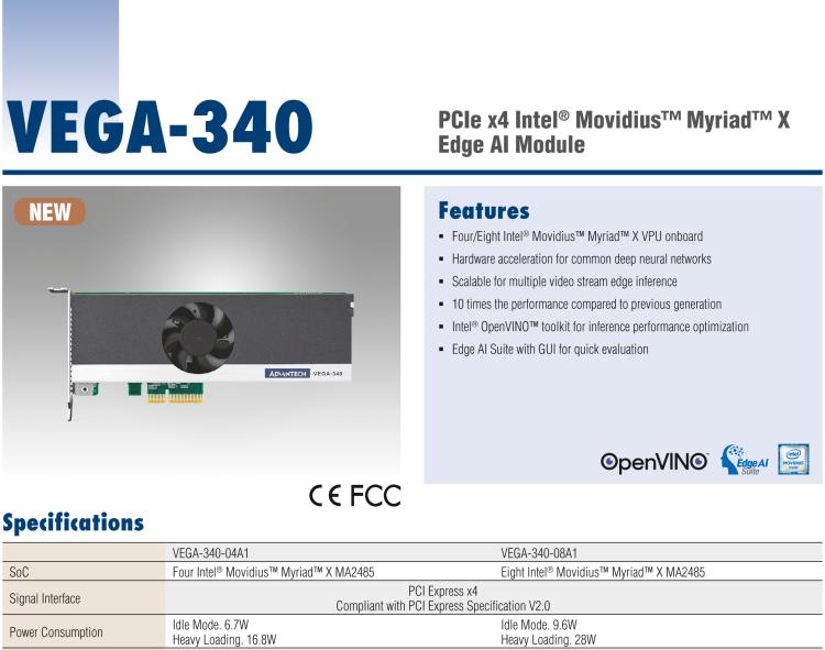 研華VEGA-340 基于Intel Movidius? Myriad? X VPU，PCIe x4 Edge AI 模塊，VPU*4 or VPU*8