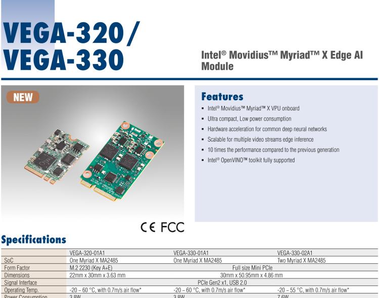 研華VEGA-330 基于Intel Movidius? Myriad? X VPU，miniPCIe Edge AI 模塊，VPU*2