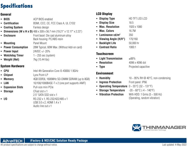 研華ESRP-CMS-TPC1881WP Realize the true value of thin client and centralized management technologies with Advantech’s ThinManager compatible industrial thin clients.