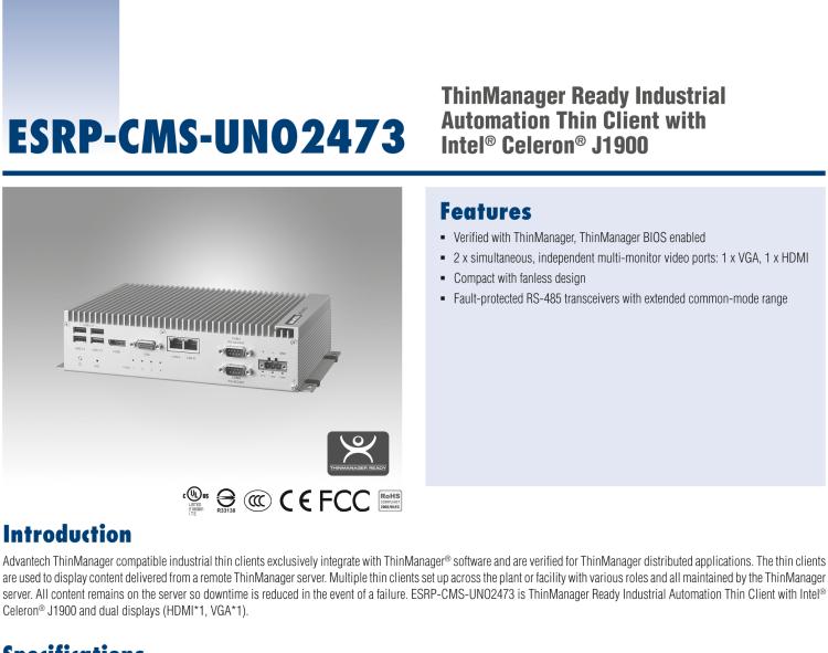 研華ESRP-CMS-UNO2473 ThinManager Ready Industrial Automation Thin Client with Intel? Celeron? J1900