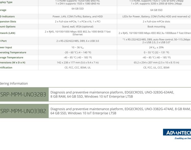 研華ESRP-MPM-UNO3283 Diagnosis and preventive maintenance platform, EDGECROSS, UNO-3283G-634AE, 8 GB RAM, 64 GB SSD, Windows 10 IoT Enterprise LTSB