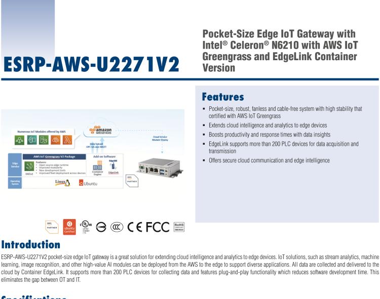 研華ESRP-AWS-U2271V2 Pocket-Size Edge IoT Gateway with Intel? Celeron?N6210 with AWS IoT Greengrass and EdgeLink Container Version