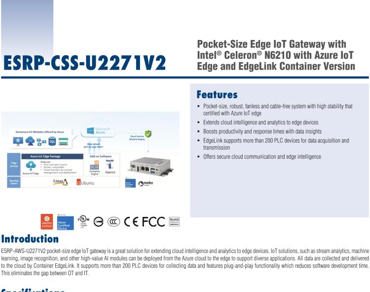 研華ESRP-CSS-U2271V2 Pocket-Size Edge IoT Gateway with Intel? Celeron? N6210 with Azure IoT Edge and EdgeLink Container Version