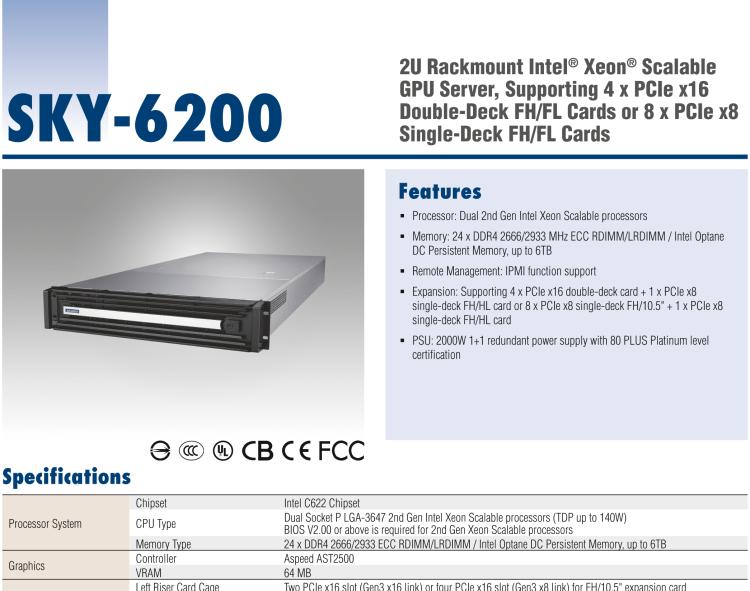 研華SKY-6200 2U 機(jī)架式 GPU 服務(wù)器,搭載Intel? Xeon?Scalable 處理器 支持4 x PCIe x16 雙層FH/FL卡或者8 x PCIe x8 單層 FH/FL卡