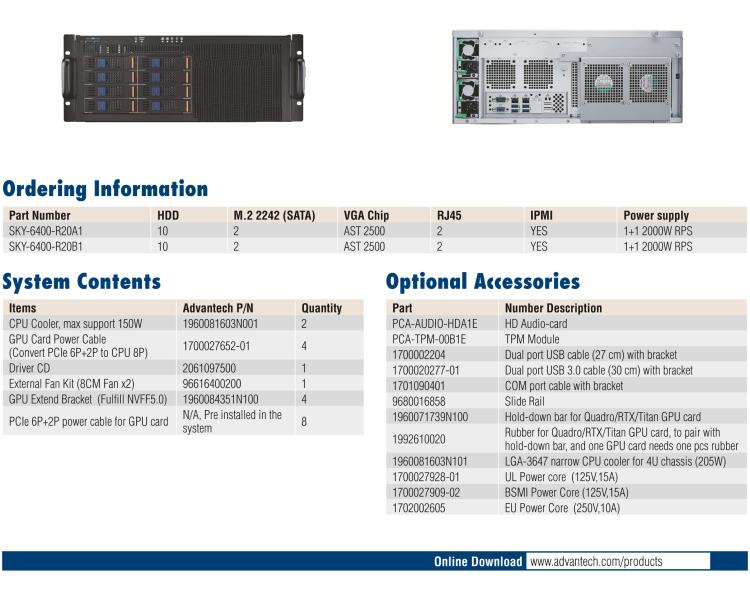 研華SKY-6400 4U 機(jī)架式 Intel Xeon? Scalable GPU 服務(wù)器, 支持4個PCIex16雙層卡片,1 個 PCIex8 單層 FH/HL 卡片, 和 1 個PCIex4 卡片