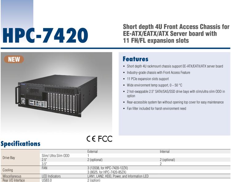 研華HPC-7420 用于EE-ATX/EATX/ATX主板的4U 短深度服務(wù)器機(jī)箱，帶有11個(gè)FH/FL擴(kuò)展插槽