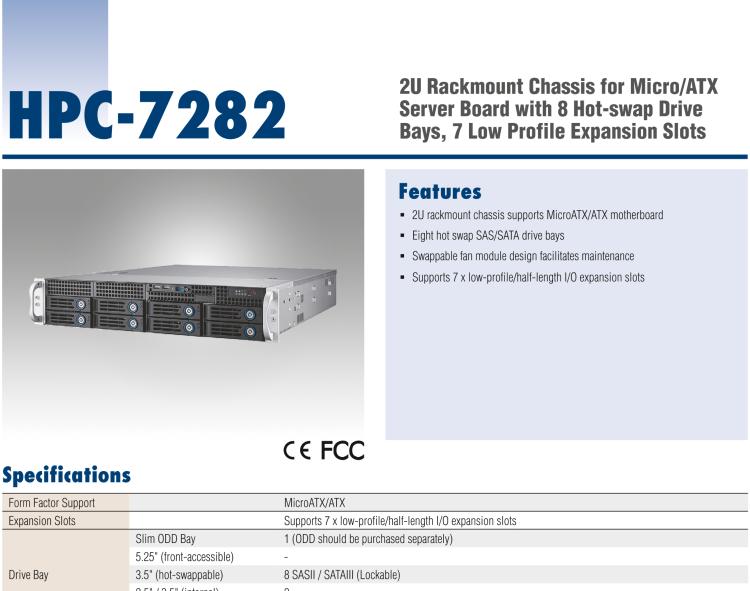 研華HPC-7282 2U 機(jī)架式機(jī)箱，適用于 Micro/ATX 服務(wù)器主板，支持8個2.5寸/3.5寸熱插拔硬盤，7個半高擴(kuò)展槽