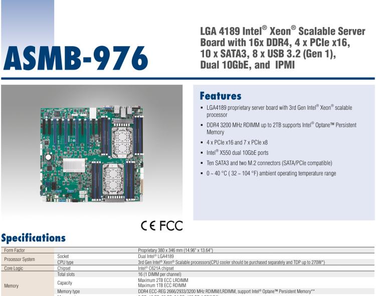 研華ASMB-976 LGA 4189 Intel? Xeon? Scalable Proprietary Server Board with 16x DDR4, 4 x PCIe x16, 10 x SATA3, 8 x USB 3.2 (Gen 1), Dual 10GbE, and IPMI