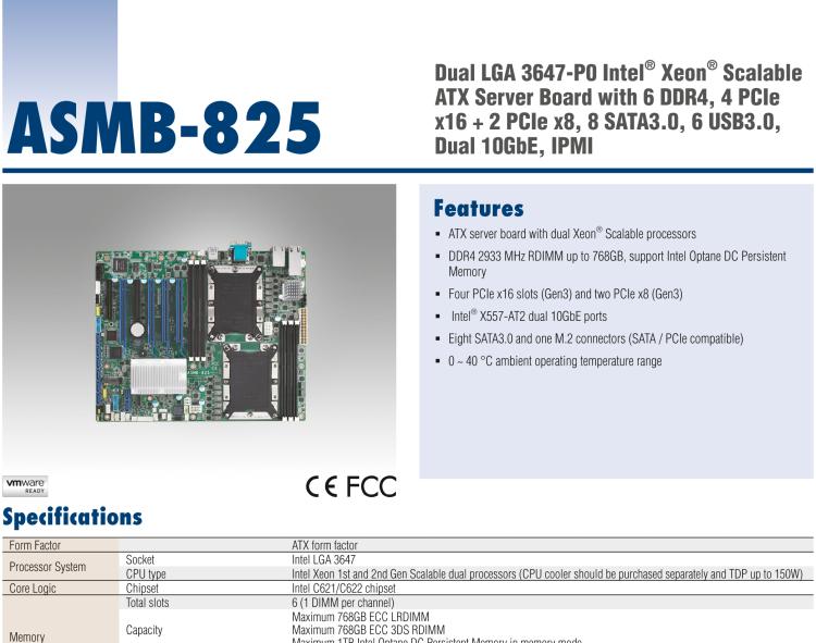 研華ASMB-825 雙路LGA 3647-P0 Intel? Xeon? Scalable ATX 服務(wù)器主板，帶6 個(gè)DDR4, 4 PCIe x16 和 2 個(gè) PCIe x8, 8 個(gè)SATA3, 6 個(gè)USB3.0, Dual 10GbE, IPMI