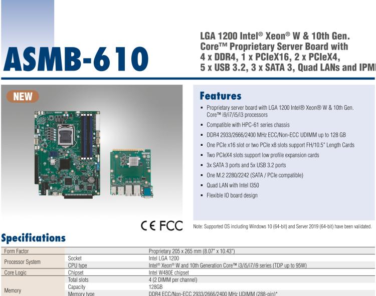 研華ASMB-610 LGA 1200 Intel? Xeon? W & 第十代 Core?專用服務器主板，帶4 x DDR4, 1 x PCIeX16, 2 x PCIeX4, 5 x USB 3.2, 3 x SATA 3, Quad LANs and和 IPMI