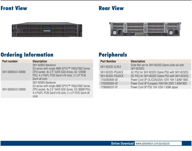 研華SKY-8260SV2 Compact 2U Carrier Grade, High Performance Server based on AMD EPYC? 7003/7002 Series Processors