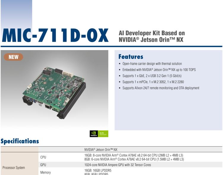 研華MIC-711D-OX MIC-711D-OX 是一款基于英偉達Jetson Orin NX 的 AI 開發(fā)套件，含有多個 I/O 接口，使客戶可以靈活開發(fā)新項目。