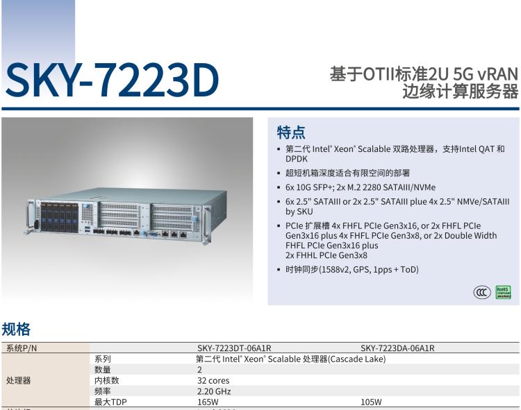 研華SKY-7223D 基于OTII 標準2U 5G vRAN 邊緣計算服務(wù)器