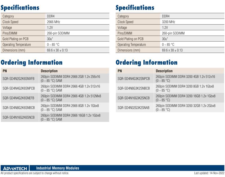 研華SQR-SD4N SODIMM DRAM 內存 DDR4 系列