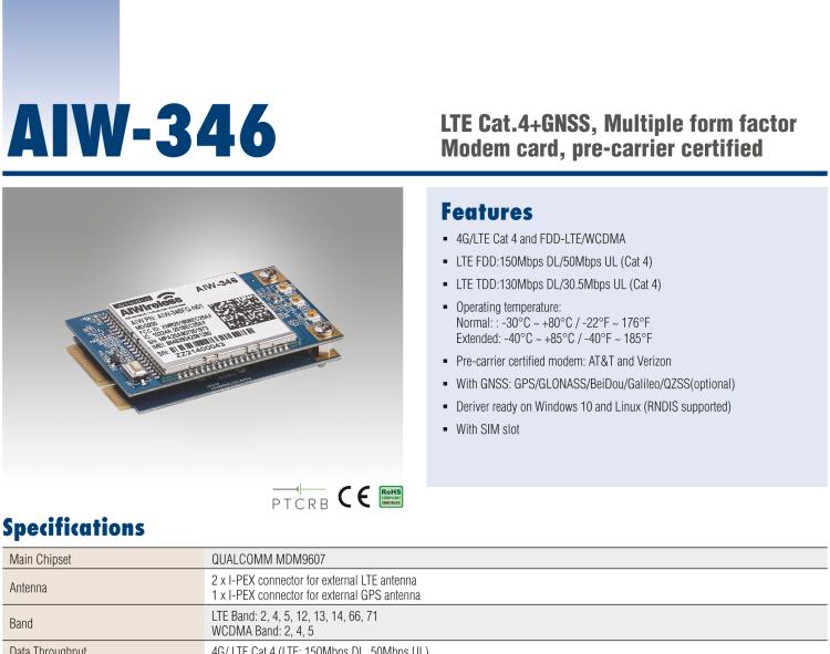 研華AIW-346 預(yù)運(yùn)營商認(rèn)證嵌入式4G LTE Cat 4調(diào)制解調(diào)器