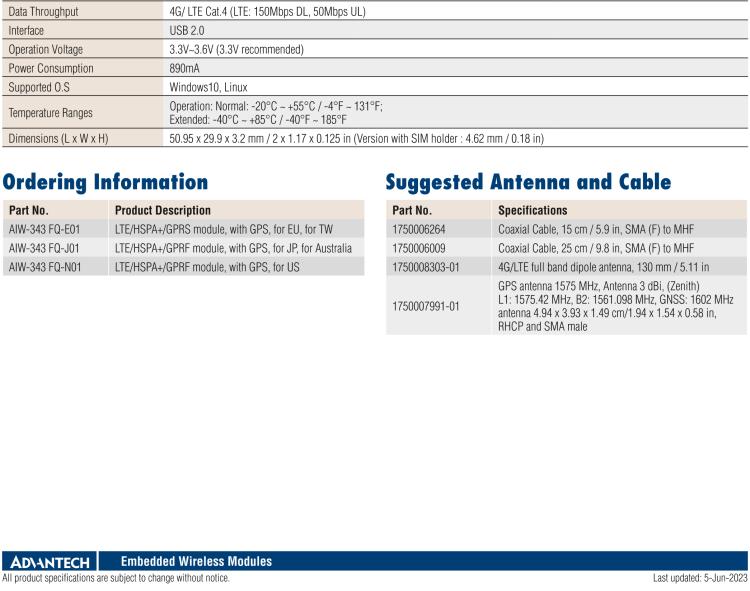 研華AIW-343 4G模組，使用MINI-PCIE規(guī)范接口，支持4G LTE CAT4：TDD LTE/FDD LTE/WCDMA/GSM和GPS。