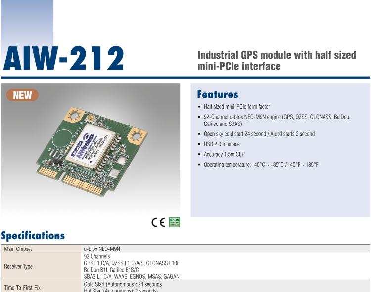 研華AIW-212 工業(yè)級(jí) GNSS（GPS、GLONASS、BeiDou、Galileo、QZSS和SBAS）模塊，半尺寸 mini-PCIe 規(guī)格。