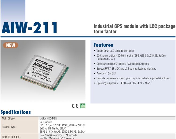 研華AIW-211 帶郵票型接口的工業(yè)級 GNSS（GPS、GLONASS、BeiDou、Galileo、QZSS和SBAS）模塊。