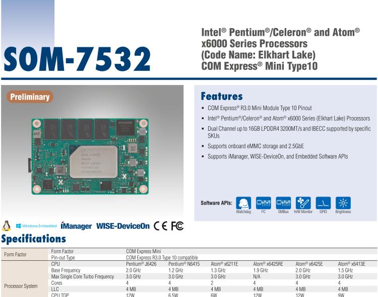 研華SOM-7532 Intel Pentium/Celeron 和 Atom x6000 系列 (Elkhart Lake) 處理器， COM Express Mini Type 10 模塊