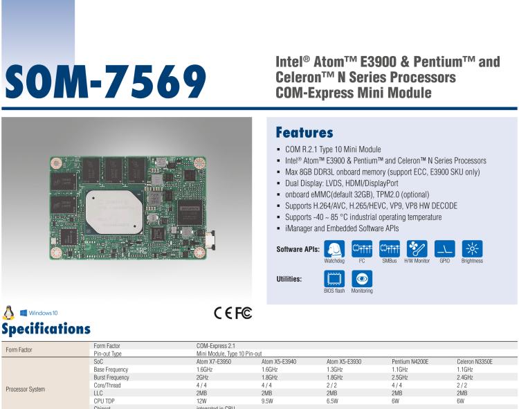 研華SOM-7569 Intel? Atom? E3900 & Pentium? 和 Celeron? N 系列處理器，COM-Express Mini 模塊