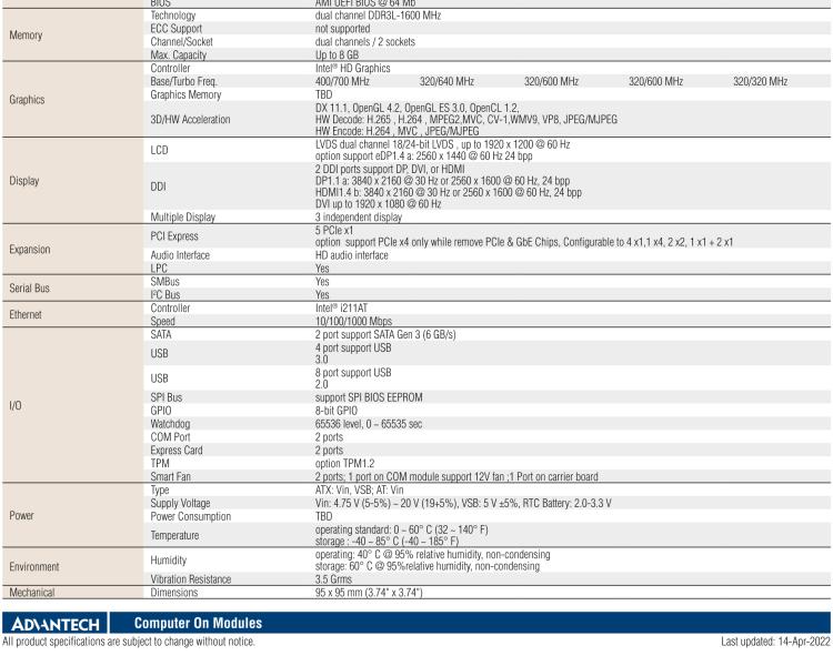 研華SOM-6868 Intel? Pentium?/Celeron? N3000 系列和 Atom ? SoC，COM Express Express Type 6 模塊