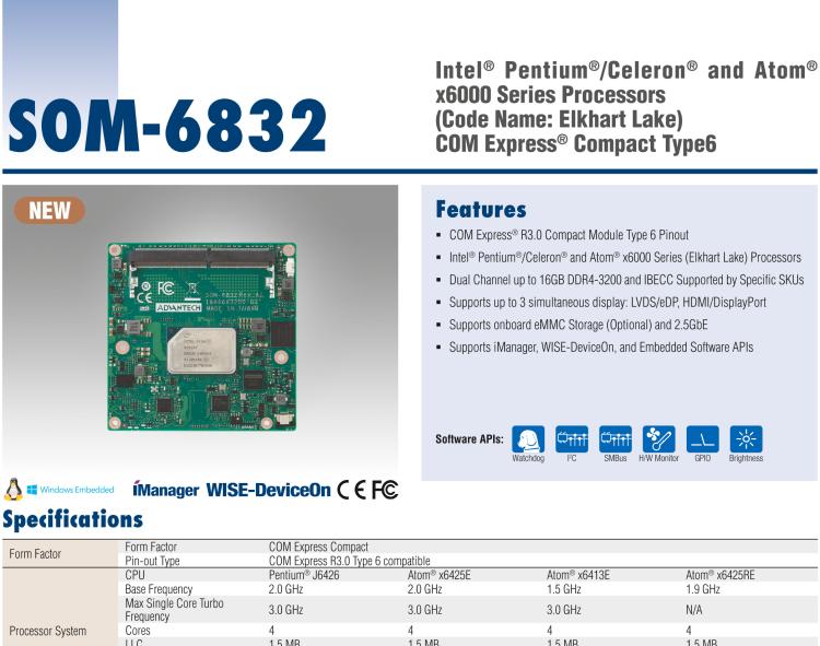 研華SOM-6832 Intel Pentium/Celeron 及 Atom x6000系列（Elkhart Lake）處理器，COM Express? Compact Type 6 模塊