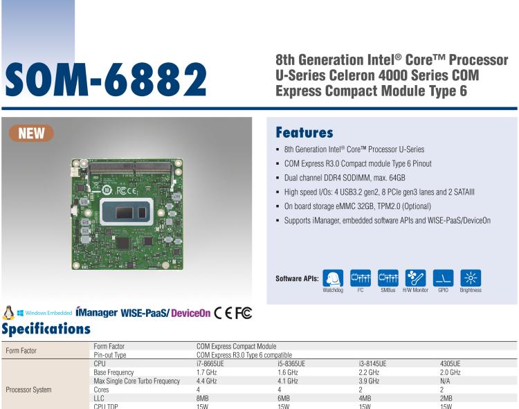 研華SOM-6882 第八代 Intel?Core 處理器，COM Express Compact R3.0 Type 6 模塊