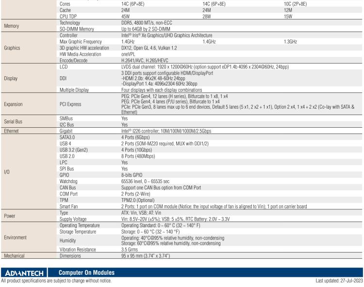 研華SOM-6884 第13代 Intel Core 處理器（代號(hào)：Raptor Lake-P）COM Express? Compact Type6