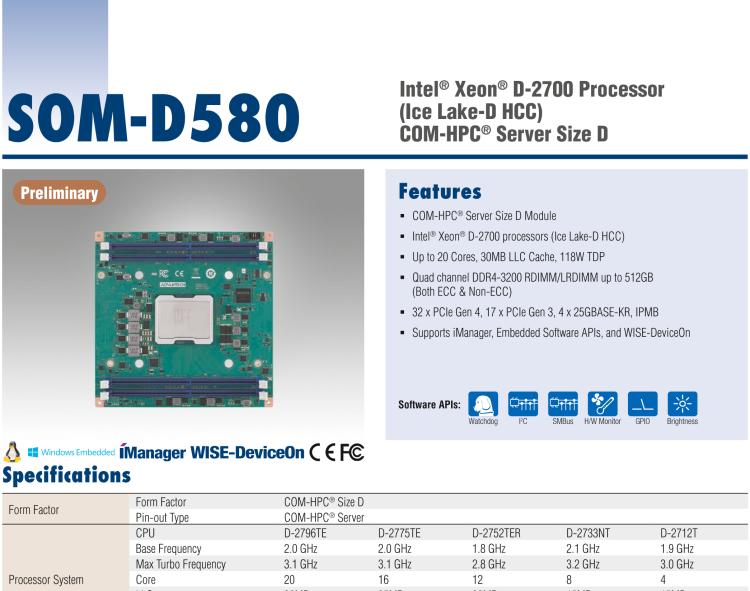 研華SOM-D580 Intel? Xeon? D-2700 處理器 (Ice Lake-D HCC) COM-HPC? Server Size D 模塊