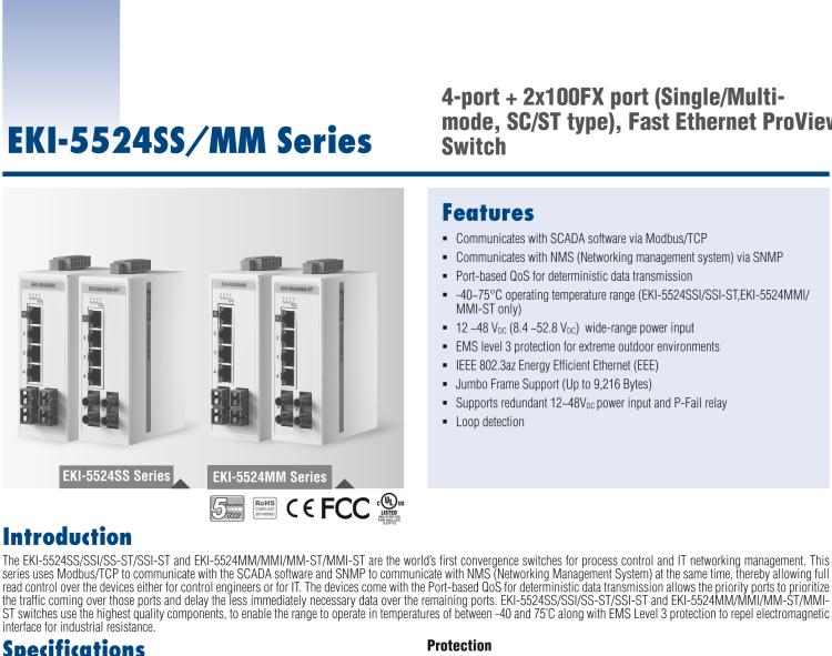 研華EKI-5524MMI 2光4電百兆ProView(組態(tài))系列工業(yè)以太網(wǎng)交換機(jī)(包含單模/多模、SC/ST接口)