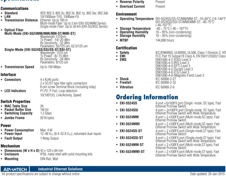 研華EKI-5524SSI 2光4電百兆ProView(組態(tài))系列工業(yè)以太網(wǎng)交換機(jī)(包含單模/多模、SC/ST接口)