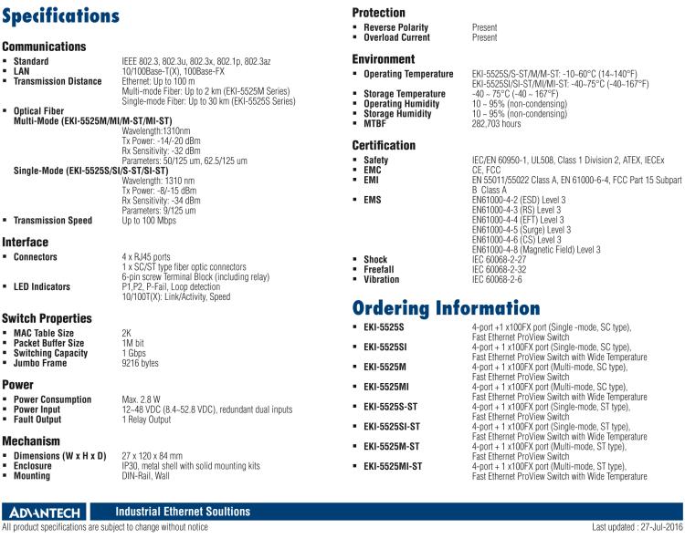 研華EKI-5525MI 1光4電百兆ProView(組態(tài))系列工業(yè)以太網(wǎng)交換機（包含單模/多模、SC/ST接口）