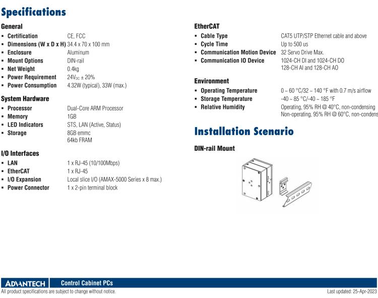 研華AMAX-354 Ultra Compact ARM-based EtherCAT Controller with Dual-Core Processor, 1 x LAN, 1 x EtherCAT, 1 x MicroSD and Slice IO expansion