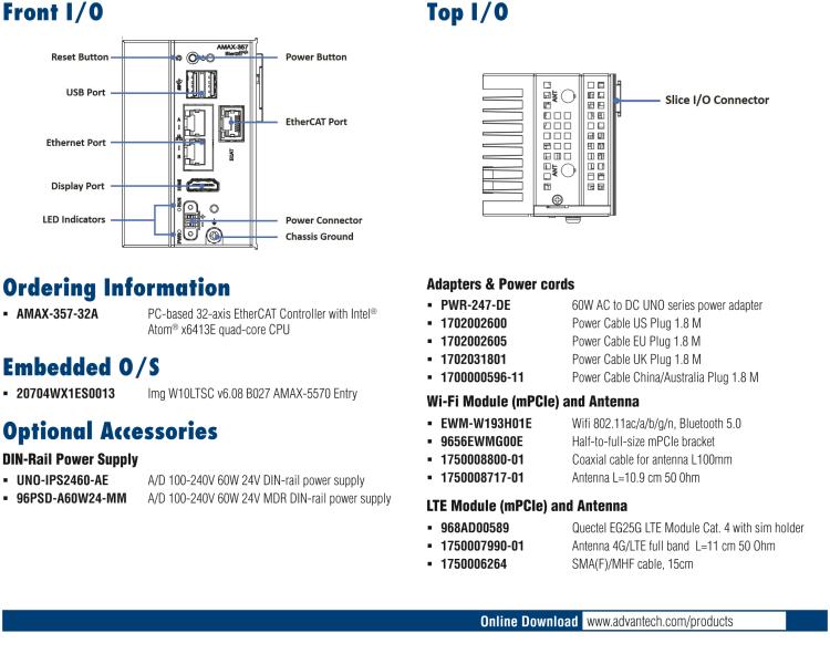 研華AMAX-357 超微型EtherCAT運動控制器，基于PC架構(gòu)開發(fā)，配置了Intel Atom處理器，具有64GB eMMC、2 x LAN、2 x USB和Slice IO擴展