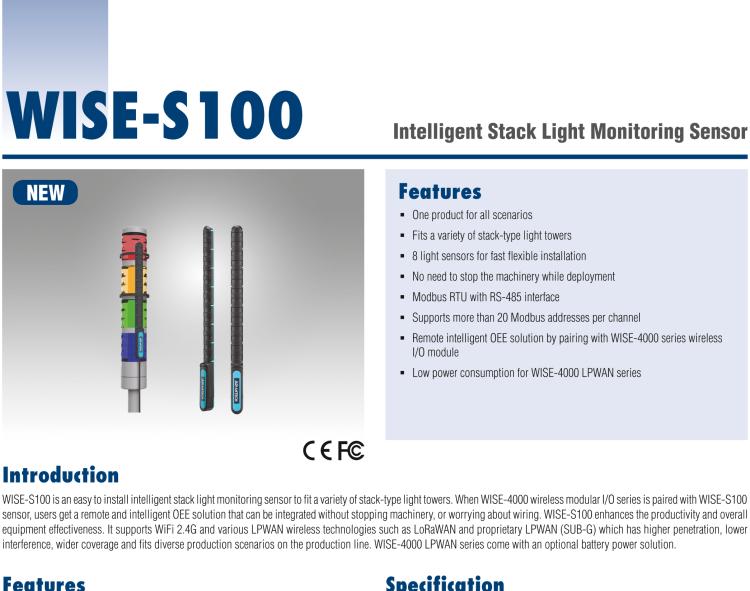 研華WISE-S100 智能堆棧光監(jiān)測傳感器,易于安裝，適用于多種類型堆棧式燈塔