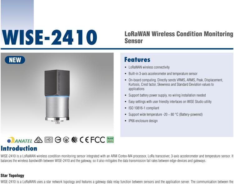 研華WISE-2410 WISE-2410是LoRaWA N無(wú)線振動(dòng)溫度監(jiān)控傳感器，電池使用周期為2年。