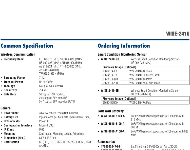 研華WISE-2410 WISE-2410是LoRaWA N無(wú)線振動(dòng)溫度監(jiān)控傳感器，電池使用周期為2年。
