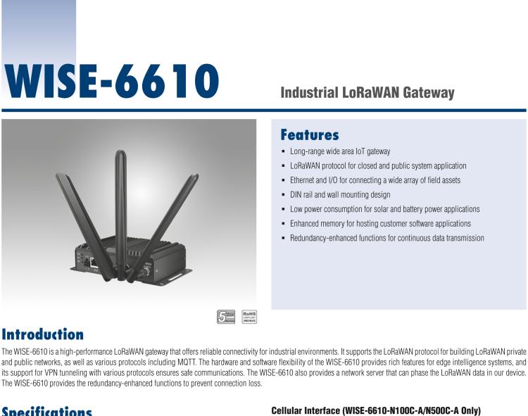 研華WISE-6610-E100C Hardened LoRaWAN 8-Channel Cellular Gateway AS 868 MHz - Support 100 nodes